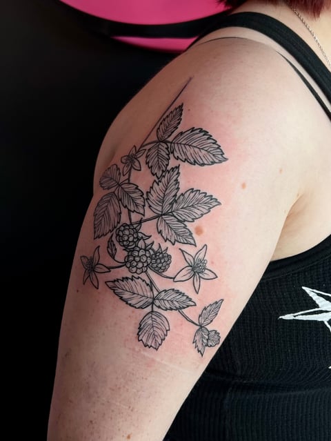 Black line tattoo of a blackberry branch with leaves and berries on a persons upper arm